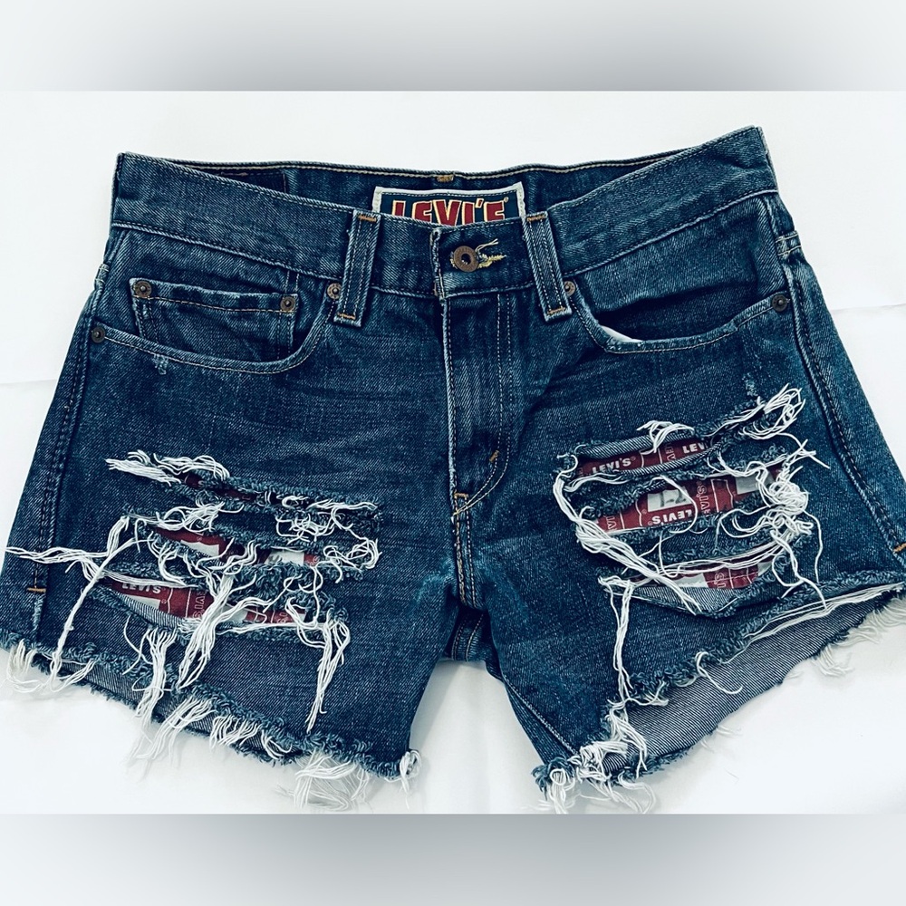 Levis 511 Skinny Cut Off Shorts 32 Women 5” Patches Distressed Raw Hem Denim